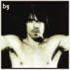 A black-and-white animated sequence shows a shirtless person with dark hair and a goatee, holding arms out in a V-shape against a black background, with text changing in each frame.