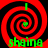 Four identical red and black spiral patterns with green text and small heart symbols, arranged in a on a black background