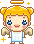 Pixel art angel with blonde pigtails, blue eyes, and white dress showing two expressions: one smiling closed-mouthed, the other laughing open-mouthed.