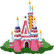 Pixelated pink castle with blue accents on green base, surrounded by confetti and text reading 'Almost 25th Party Time's Up!' in various colors.