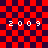 Red and dark purple checkered background with four instances of '2009' text, two showing pixelated distortion effects.