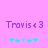 Pixelated text 'Travis<3' in purple on pink background with cyan and light blue star-like symbols below.