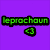 Green pixelated text 'leprochaun' on black background with green heart symbol below, all set against solid purple backdrop.