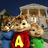 Three cartoon chipmunks stand together in front of a building with arched windows, one wearing a red shirt with yellow A.