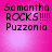 Pixelated text on a pink gradient background with four identical showing "Samantha ROCKS!!!!! Puzzonia" in black block letters