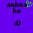 Pixelated text 'anhnaho' with a green heart symbol above the 'a' and ':D' below on a solid purple background.