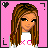 A 3x3 pixel art contact sheet of a female character with long brown hair wearing a white shirt and blue jeans, showing different poses and text expressions on pink backgrounds.