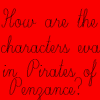 Red background with handwritten text listing character names and phrases related to 'Pirates of Penzance' and 'Collins Middle School' in black script.