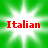 Green background with white starburst shape containing red text reading 'Italian' in pixelated font.