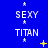 Blue background with repeated 'SEXY' and 'TITAN' text in white pixelated font, each pair flanked by small white stars, with yellow starbursts appearing in different positions across frames.