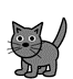 Gray cartoon cat with large eyes and whiskers stands upright on four legs, tail raised; same cat appears fluffy with closed eyes and red mouth.