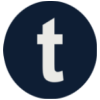 Dark blue circular icon with a white lowercase 't' centered on it, rendered in a clean sans-serif style against a light gray background.