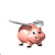 Pixelated pink pig with brown patches and black hooves stands on white background, holding gray object above head.