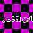 Pixelated text "JESSICA" appears on a checkered background with shifting black and purple diamond patterns.