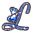 Blue and white pixelated stylized letter L with heart motifs, displayed in three variations showing subtle differences in heart placement and line thickness.