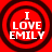 Four identical red circular icons with black concentric rings and white text reading "I LOVE EMILY" arranged in a