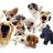 Pixelated static image of multiple small dog-like figures with varied fur colors and expressions arranged in a loose cluster against a white background.