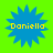 Four identical blue starburst shapes with yellow text "Daniella" on a bright green background, arranged in a