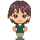 Pixel art character with brown hair, green shirt, beige shorts, and blue shoes in multiple expressions including closed eyes and open mouth.