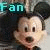 Mickey Mouse face with black ears, light brown skin, and dark brown nose; cyan 'Fan' text above; white squares below; gray background.