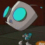 Animated sequence of a gray robot with cyan eyes and blue accents performing head movements against dark background.