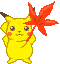 Yellow cartoon character with brown-tipped ears holds red maple leaf prop, standing against gray background.