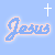 Light blue background with two pixelated 'Jesus' text icons in light blue and pink, one featuring a white cross above it.