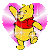 Three animated frames of a yellow cartoon bear in red shirt running inside pink heart-shaped background with white radial lines on gray transparency.