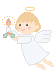 Pixelated angel with blonde hair, white robe, and wings holding a candle with holly, floating against gray background.