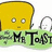 Yellow rectangular toast with two circular eyes and a small mouth, standing on a green base with black text reading "Mr Toast" and a gray curved line to the right.