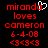 Red pixelated text on black background with a white heart cursor icon above 'miranda' in the left , and identical static right
