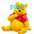 Yellow cartoon bear with red shirt sits cross-legged, holding one paw near its face, with three different text overlays above or on its body.