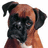 Pixelated close-up of a dog's face with brown and black fur, dark eyes, and a white patch on its chest.