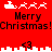 Red background with pixelated Santa sleighs, reindeer, and 'Merry Christmas!' text; two <3 symbols appear above a white cityscape-like pattern.