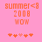 Pixelated orange text on pink background reads 'summer<3 2008 WOW' with five heart symbols below, two versions differ in heart coloration.