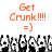 Orange pixelated text "Get Crunk !!!!" above a of black-and-white cartoon characters with raised arms and smiling faces