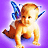 Pixelated 48x48 icon of a cartoon fairy with orange hair, blue wings, and a unicorn horn on a purple background.