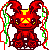 Pixelated red creature with yellow accents, green and red tendrils, white feet, and a small black-and-yellow tail segment.