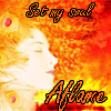 A static image of a woman's profile with fiery orange and yellow background, featuring repeated text overlays.