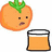 Pixelated orange fruit with green stem, two black eyes, and a mouth showing juice; one glass of orange liquid on left, another identical glass on right.