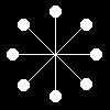 Eight white star-shaped patterns with alternating filled and hollow circles on black background, one gray rectangle in bottom-right corner.