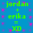 Green text on blue background with pink dots displays 'jordan + erika = XD' repeated four times in a