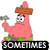 Pink starfish character with brown wooden plank on head, holding hammer in right hand, wearing green shorts with purple stripe, expression shifts from neutral to confused across frames.
