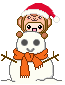 Pixel art snowman with orange scarf and Santa hat on monkey's head, four variations of facial expressions.