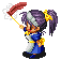 Pixel art character with purple pigtails and blue dress holding a red fan, shown in four sequential poses against gray background.