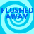 Blue text "FLUSHED AWAY" overlaid on a light blue spiral background with four identical arranged in a
