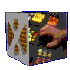 A cube-shaped icon with orange striped X-patterns on white faces, rotating to reveal different background scenes including hands and abstract imagery.