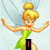 Pixelated Tinker Bell character in green dress with blonde bun, wings, and outstretched arms against light blue background.