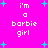 A static image with a bright pink background featuring repeated white text 'i'm a barbie girl' and scattered cyan plus signs.