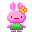 Pixel art bunny with pink body, green dress, orange-yellow flower on head; four variations show mouth and eye changes.